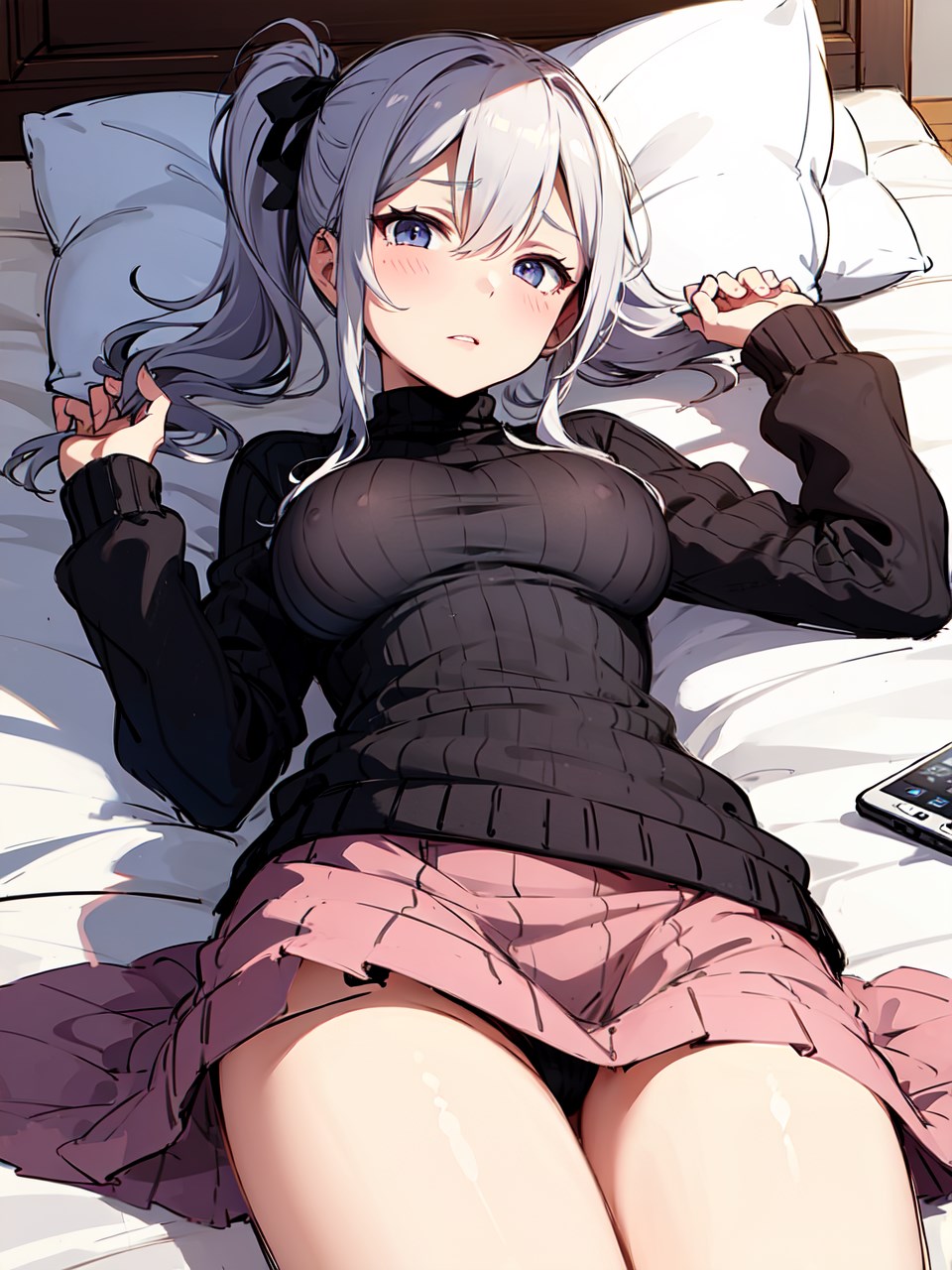 ノーブラセーターで寝そべる二次元美少女